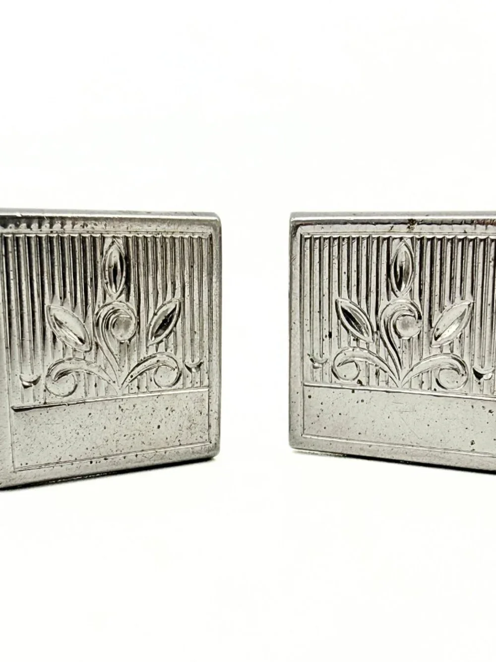 Foster Signed MCM Square Silver Plate Engraved Art Deco Style Cufflinks
